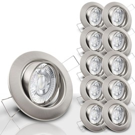 trendlights24 Decora LED Recessed Spotlights 230 V Stainless Steel Look Round Set of 10 Spotlights 4 W GU10 Warm White Ceiling Recessed Light 68 mm Swivelling