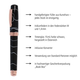 Online Calligraphy Set Bohemian Art Black Rose I Fountain Pen Made of Resin and Acrylic I Interchangeable Calligraphy Nibs M (medium) & 1.4 mm I Includes Ink Converter and Ink Bottle I in Gift Box,