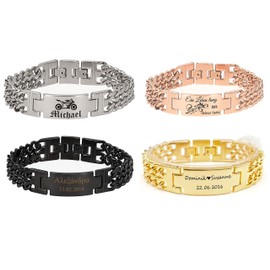 aplusashop ID Stainless Steel Bracelet with Engraving of Choice Double Curb Bracelet Solid 4 Colours, Polished 316L stainless steel