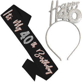 40th Birthday Gifts for Her - SET OF 2: Silver Sparkle Rhinestone It's My 40th Birthday Black Satin Sash & Silver Sparkle Happy 40 Headband - Set(Hpy40 ItsMy) SlvBlk