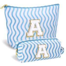 SEFORICO Initial Makeup Bag- Cosmetic Bag Cute Teen Girl Gifts Make Up Case Large Capacity Makeup Bag Travel Bag Gift for Women Valentines Day Bridesmaid Friend Birthday Gifts(Blue A)