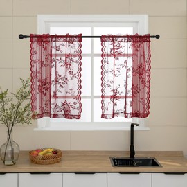Cortinas de cocina de encaje burdeos de 36 pulgadas de longitud para recámara, departamento, bolsillo para barra, filtrado de luz, cortinas de encaje para ventana pequeña, decoración de privacidad