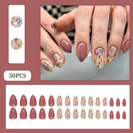 30Pcs Gowabory Nail Press ons, Short Almond Press on Nails Girls Fake Nails with Small Fresh Flowers Design, Artificial False Nails Press On Stick On Nails for Women