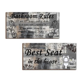Lnond 2 Pieces Brown and Grey Bathroom Wall Decor, Abstract Wooden Hanging Bathroom Rules Wall Art, Farmhouse Toilet Rustic Bathroom Signs Decor Sets (12x 6 Inch)