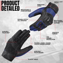 The AMA LOOK Leather Motorbike Gloves, Knuckle Protective Touchscreen Motorcycle Gloves Full Finger Racing Riding Gloves (Black/Blue, S)