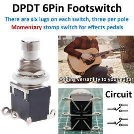 LKRXW 5Pcs DPDT 6 Pins Guitar Effect Pedal Footswitch Momentary Box Stomp True Bypass Guitar Switch Push Button Metal Foot Switch Solder Lugs Terminal AC 250V/2A 125V/4A