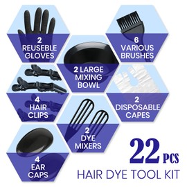 [Premium Material] Superhairpieces 22 Pieces Hair Dye Coloring Kit, Including 2 Hair Tinting Bowl, 4 Dye Brushes, 2 Hair Dye Combs, 4 Ear Covers, 4 Hairdressing Clips, 2 Disposable Hair Capes, 1 Pair of Vinyl Disposable Gloves, 2 Dye Paste Mixers for DIY