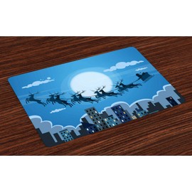 Lunarable Cityscape Place Mats Set of 4, Santa Claus Sleigh Reindeer Flying Over The Skyline Night Time Christmas Theme, Washable Fabric Placemats for Dining Table, Standard Size, Multicolor