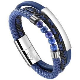 Casisto.J Men's Leather Bracelet Braided Beads Stainless Steel Black Blue with Magnetic Clasp Gift Pack, Stainless Steel
