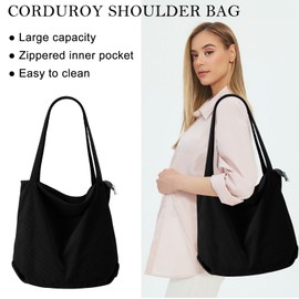 VOSSOT Cord Tasche Damen Umhängetasche mit Reißverschluss Shopper Damen Große Tote Bag Crossbody Schultertasche Handtasche für Arbeit Büro Reise Einkauf Schule und Alltag Schwarz