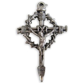 Religious Gifts Silver Toned Base Crown of Thorns Nails of The Cross Crucifix Pendant, 2 1/4 Inch