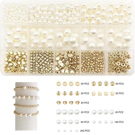 720 pcs Bracelet Beads Kit, Two Types for Jewelry Making Kit with Holes Including 470 Pearl and 250 Gold Spacer Beads,Perfect Making, Crafts, Charms DIY