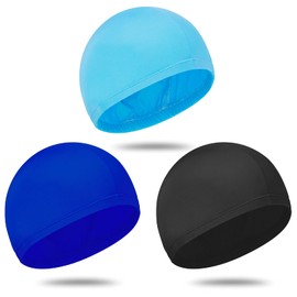 Halinuia 3 Pieces Swimming Caps Set for Kids and Adults, Elastic Swimming Cap Made of Soft Polyester Fabric (Black, Navy, Lake Blue)
