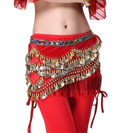 ZLTdream Lady's Belly Dancing Hip Scarf Wrap Belt Skirt Accessories with Wave Gold Coins Red