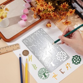 UNICRAFTALE Metal Stencils for Craft Wood Burning Viking Runes Stencil Stainless Steel Reusable Ancient Alphabet Template Wood Carving Letter Template for Painting Pyrography and Engraving Crafts