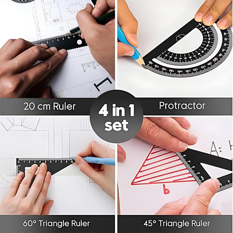 QOWUXHZ Set Square Metal Set Triangle Ruler Set 4 Pieces