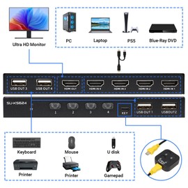 KVM Switch HDMI 4K@60Hz for 4 Computers 1 Monitor, KVM Switches 4 Port PC Share Monitor USB 2.0 Keyboard Mouse, Remote Control and 4 KVM Cables and Desktop Controller Included