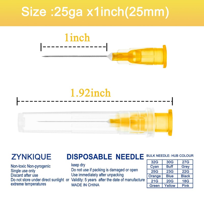 100Pack 25 Gauge 1 Inch Needle, Luer Lock Individually Sealed
