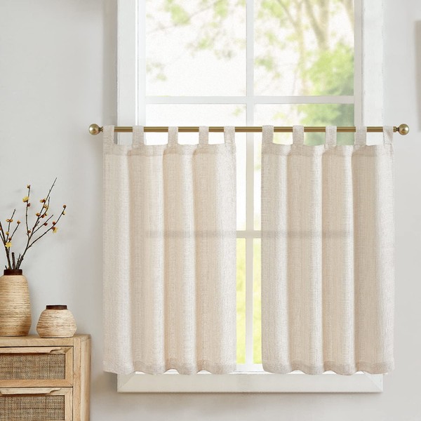 jinchan Beige Kitchen Curtains 36 Inch Linen Textured Tier Curtains Tab Top Cafe Curtains Farmhouse Short Small Window Curtains Light Filtering for Country Rustic Bathroom Laundry Room RV 2 Panels