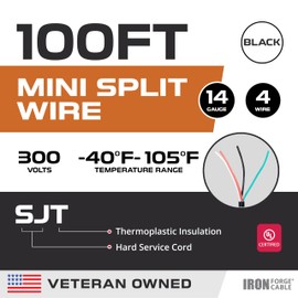 Iron Forge Cable 14/4 Mini Split Wire - 100ft, 300V, 14 Gauge 4 Conductor Wire with Connectors and Tape - 14-4 Copper Conductor Cable UL/ETL Certified