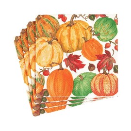 Caspari Pumpkin Field Paper Cocktail Napkins in White - 20 Napkins Per Package, Fall Napkins made of Triple Ply Paper, Autumn Themed Disposable Napkins, Great Dinner and Cocktail Napkins
