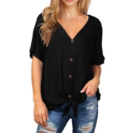IWOLLENCE Womens Waffle Knit Tunic Blouse Tie Knot Short Sleeve Henley Tops Loose Fitting Bat Wing Shirts Black, M