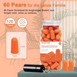 SURFOU Ohrstöpsel zum Schlafen 60 Paare, Geräuschreduzierung 38dB, Wiederverwendbar & Umweltfreundlich, Bequemer Sitz für Seitenschläfer, Ideal für Reisen, Zuhause & Studium, Orange