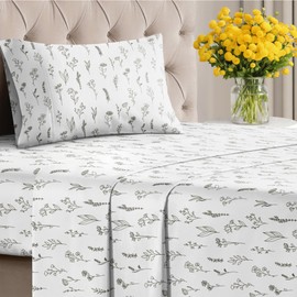 3 Piece Sheets Twin XL Set – Luxury Floral Flat Sheet 66 x 102, Fitted Sheet 39 x 80 and 1 Pillowcase 20 x 30 – Deep Pocket, Ultra-Soft Boho Botanical Bed Sheets – Oeko-TEX Black and White Sheets Set