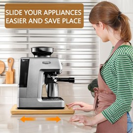 Pallyou Sliding Tray for Coffee Maker, Appliance Slider Bamboo with Rolling Rubber Wheels for Heavy Kitchen Appliances, Coffee Pot Slider Tray for Countertop(13"D x 16"W)