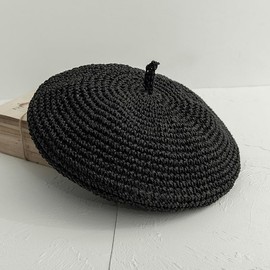 SUNTRADE Women's Knit Hat, French Fashion hat, Summer Straw Bennie for Women Artist Crochet (Polyester, Black)