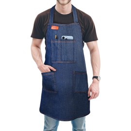 Makerfire Denim Apron with 4 Pockets, Chef Cooking BBQ Apron for Men/Women, Canvas Lightweight Baking/Shop/Bartender/Grilling Apron for Woodworking, Chef, Hairstylist, Kitchen (Blue)
