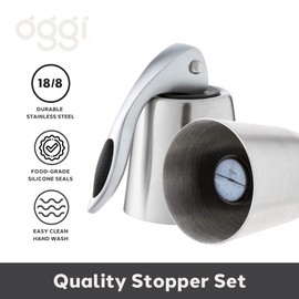 OGGI Bottle Stopper Set of 2 - Stainless Steel Wine Topper Set - Stylish Wine Saver Stoppers with Airtight Wine Sealer Levers, Stainless Steel