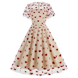 Heart Printed Valentine's Day Dress for Women Tulle Prom Dress Illusion Mesh Dress Sheer Sleeve A line Tulle Short Homecoming Dress Party Prom Dresses for Women Vintage Cocktail Party Dress Apricot M