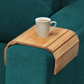 Sofa Arm Tray | Bamboo Couch Arm Tray with Non-Slip Backing | Foldable Armrest Tray Organiser for Food, Drinks, Mobile & Remote | Scratch-Resistant & Easy to Clean Armchair Tray