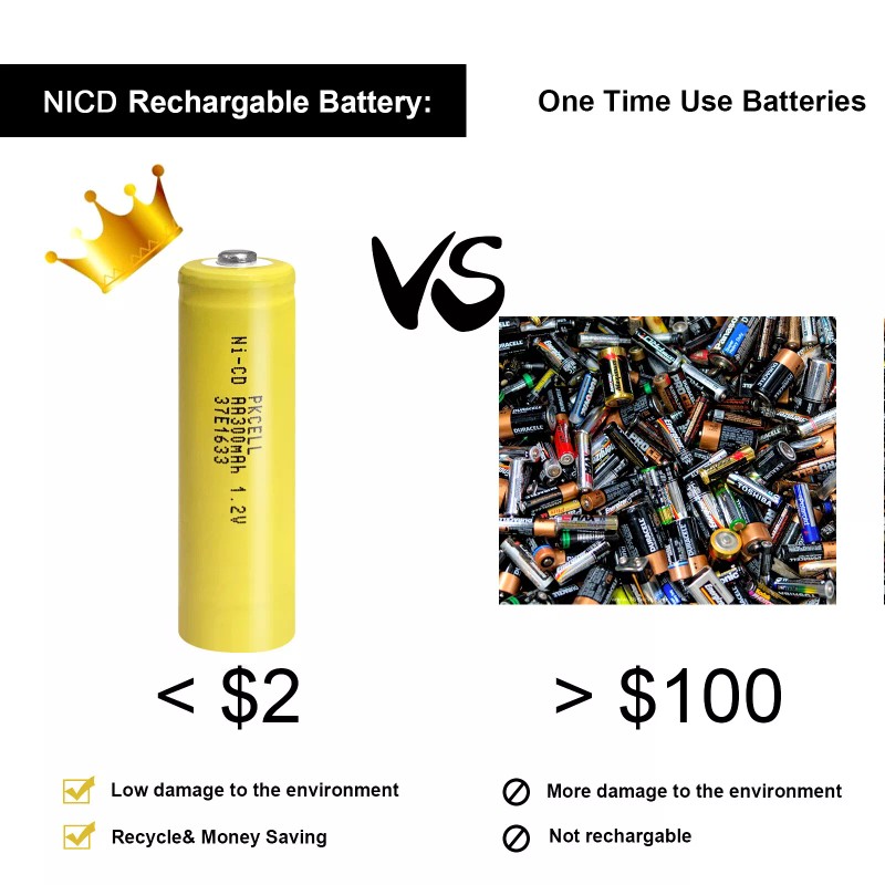PKCELL 2pcs AA Batteries Ni-CD Rechargeable 300mAh 1.2v Button Top