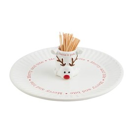 Mud Pie Reindeer Toothpick W PLATTERS & Trays, plate 10" dia | caddy 2 3/4" x 3", WHITE