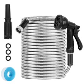 15 m Stainless Steel Hose - 3/4 Inch Connection with 6-Way and 8-Way Shower Heads, Flexible Garden Hose for Outdoor Use, Puncture Resistant