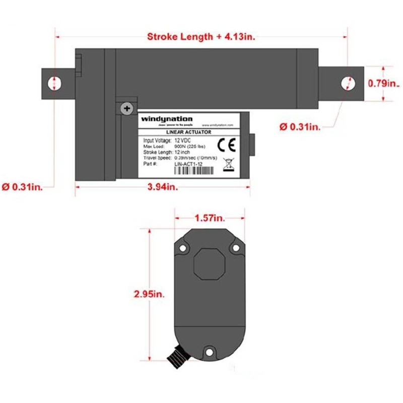 WindyNation 4 Inch 4" Stroke Linear Actuator 12 Volt 12V