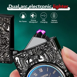 SKRFIRE - Encendedor de dragón, encendedor de plasma, encendedor de arco eléctrico, mechero USB, encendedor multifuncional, moderno de metal con esfera luminosa de reloj real e iluminación LED (negro)