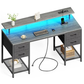 Huuger 55 inch Computer Desk with 4 Drawers, Gaming Desk with LED Lights & Power Outlets, Home Office Desk with Large Storage Space for Bedroom, Work from Home, Gray