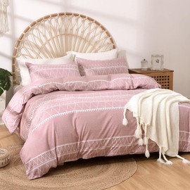 Lekesky Pink Single Duvet Cover Set 2pcs Boho Style Bedding Sets, Soft Microfibre Pink Single Duvet Cover with Matching Pillowcase Zip Closure Easy Care Single 135x200cm (Pink, Striped)