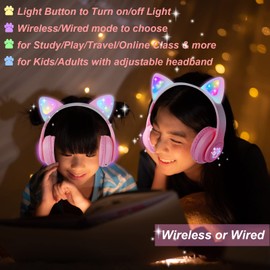 KORABA - Auriculares Bluetooth para niños con luz LED, inalámbrico/con cable y micrófono integrado para escuela/viajes (rosa)