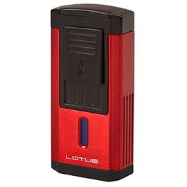 Lotus Duke Cigar Lighter with Triple Pinpoint Wind-Resistant Torch Flames, Single Action Ignition, Integrated Cutter, Tinted Fuel Level Window (Red & Black Matte)