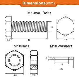 Drenky Nuts and Bolts Assortment, 10 Pcs M10 Bolts and Nuts Washers Set 304 Stainless Steel Hexagon Bolt and Nut M10 x 40mm Machine Screws and Nut