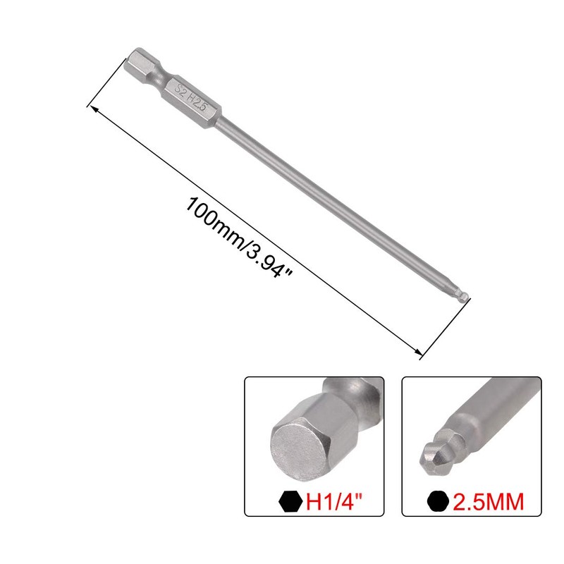 sourcing map H2.5 (2.5mm) Ball End Screwdriver Bits, S2 Alloy