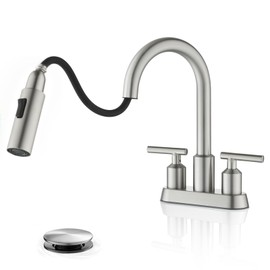 Bathroom Faucet with Pull Down Sprayer 3 Holes, Brushed Nickel 4 Inch 2 Handles Centerset Laundry Bar Basin Pull Out Bathroom Sink Faucet with Pop-Up Drain