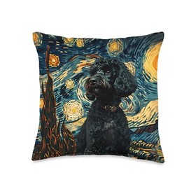 Black Poodle Van Gogh Style Graphic Throw Pillow