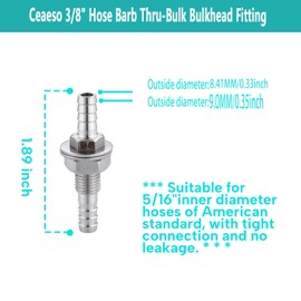 5/16" Hose Barb Thru-Bulk Bulkhead Fitting,304 Stainless Steel Straight Hex Union Fitting for Water Fuel Air，lead-free (Pack of 2)