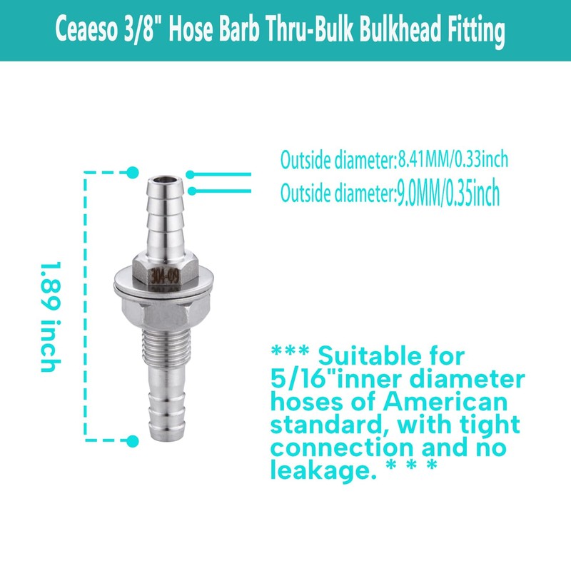 5/16" Hose Barb Thru-Bulk Bulkhead Fitting,304 Stainless Steel Straight Hex