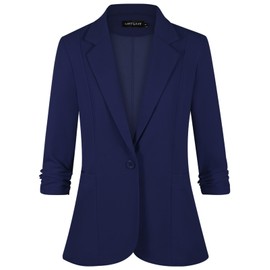 MINTLIMIT Women's Lightweight Blazer Front Lined 3/4 Ruched Sleeve Notch Lapel One Button Casual Spring Office Attire (Navy Blue XL)